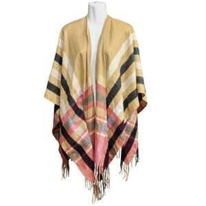 Woolrich Wrap Shawl Cape Poncho Wrap One Size Red Tan Black Fringe Boho Soft